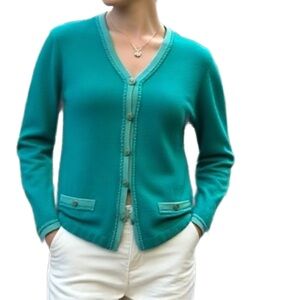 St. John by Marie Gray Teal Wool V-Neck Cardigan Sweater Size 6